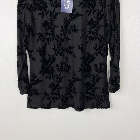 Chaps Velvet Burnout Blouse Mesh Sheer Top Floral Black Whimsygoth Size Large - Picture 3 of 11
